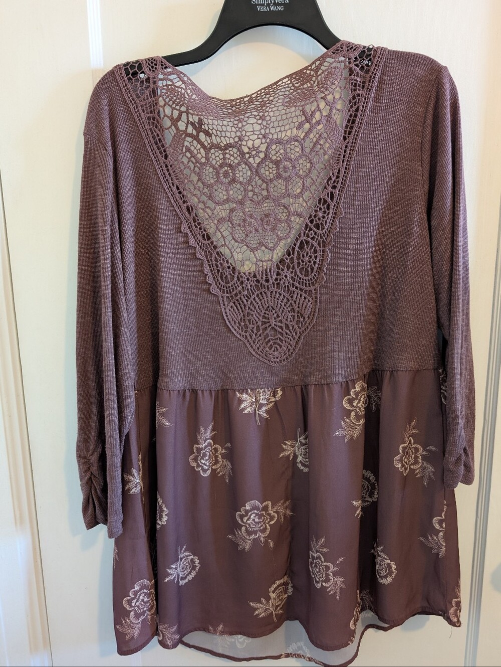 Maurices Women's Lace-Trim Flowy Purple Floral Knit Top - Picture 7 of 15